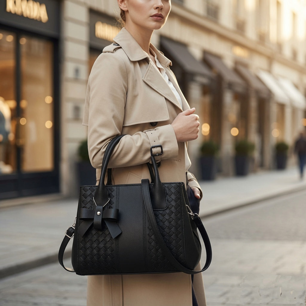 Black Woven Leather Tote Bag - Gold Bow Detail, Structured Shoulder Bag with Detachable Strap | Premium Everyday Luxury Handbag"