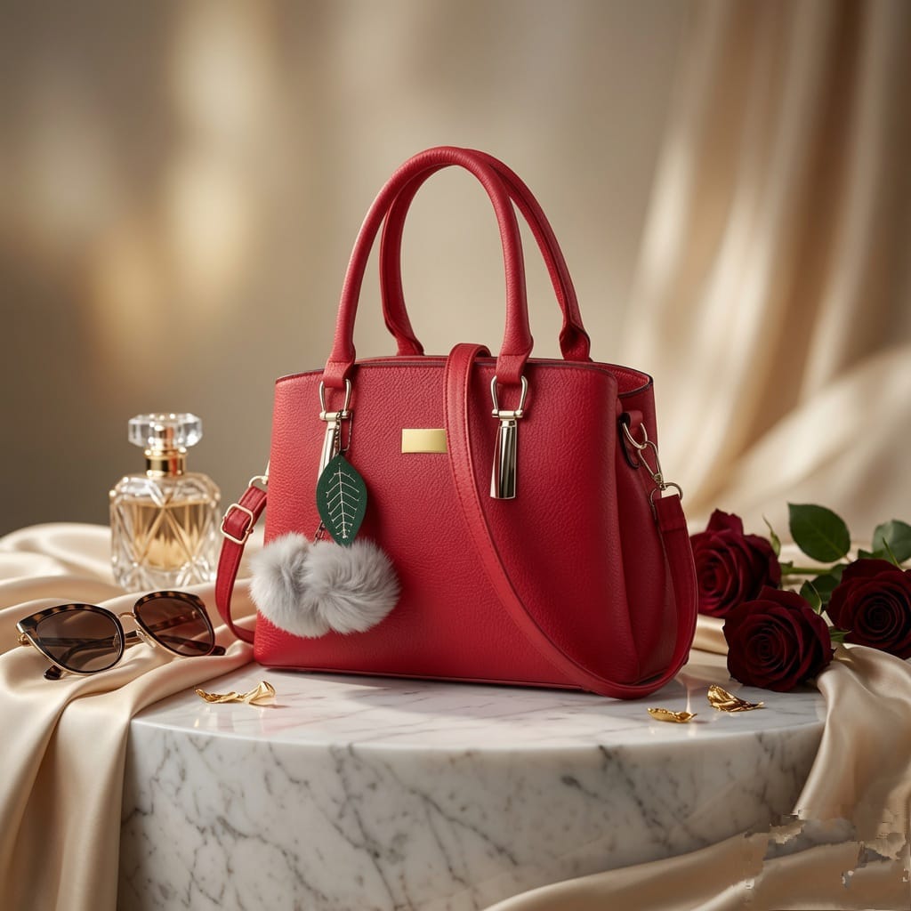 Elegant Red Leather Satchel Handbag with Pom-Pom Charm & Gold Hardware | Verity Bags