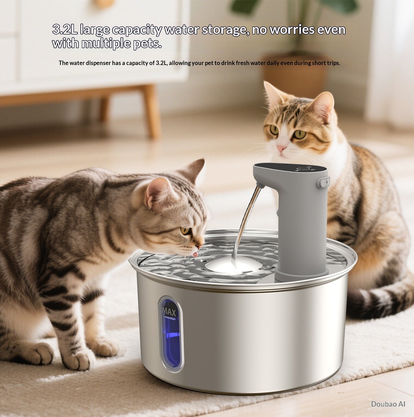 Wireless Stainless Steel Cat Water Fountain -|108 Oz/ 3.2 L| Cordless Automatic Pet Drinking Fountain No Plug|  Automatic Dog Watering Dispenser Bowl