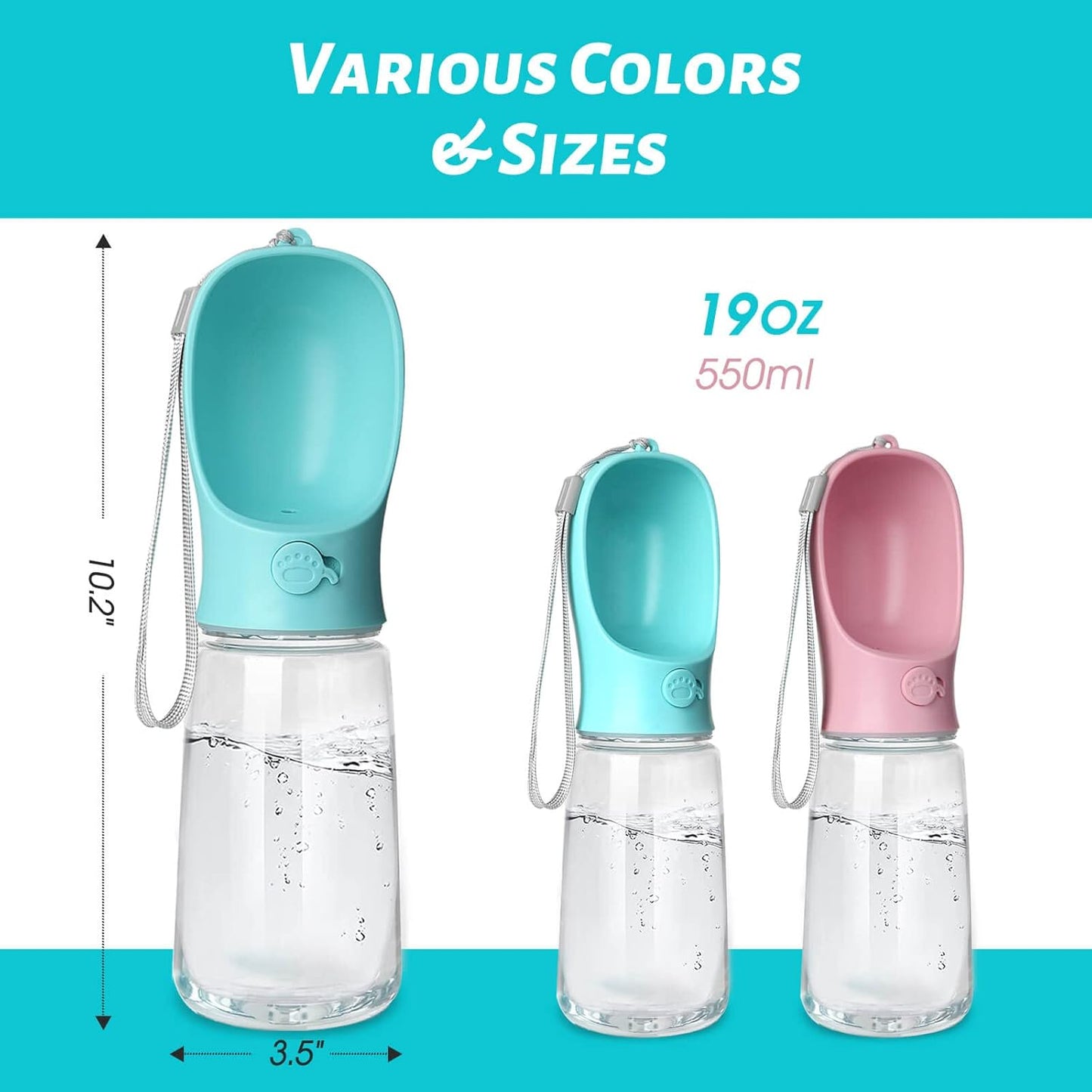 Portable Pet Water Bottle with Built-in Bowl – 12 oz & 19 oz Outdoor Dog & Cat Water Dispenser"