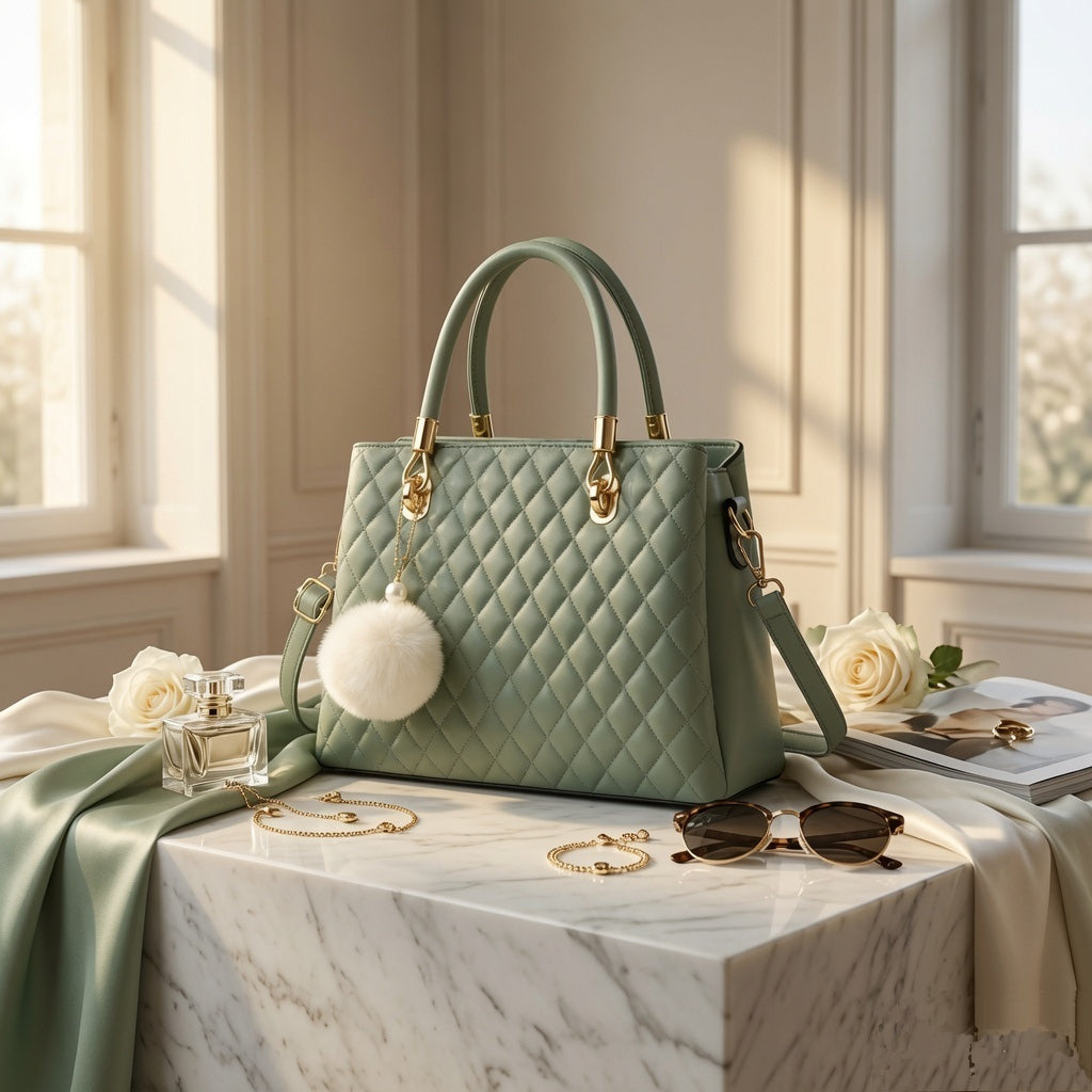 Sage Green Quilted Leather Handbag - Gold Hardware, Pom-Pom Charm & Detachable Strap | Premium Everyday Tote"