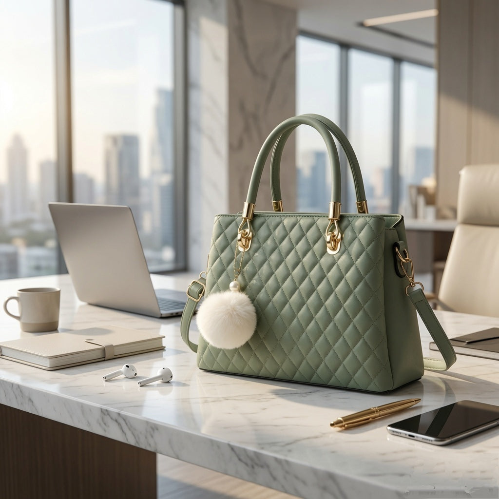 Sage Green Quilted Leather Handbag - Gold Hardware, Pom-Pom Charm & Detachable Strap | Premium Everyday Tote"