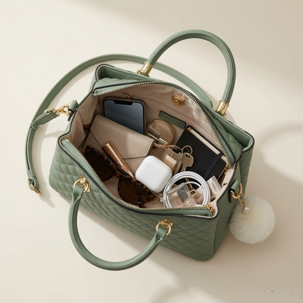 Sage Green Quilted Leather Handbag - Gold Hardware, Pom-Pom Charm & Detachable Strap | Premium Everyday Tote"