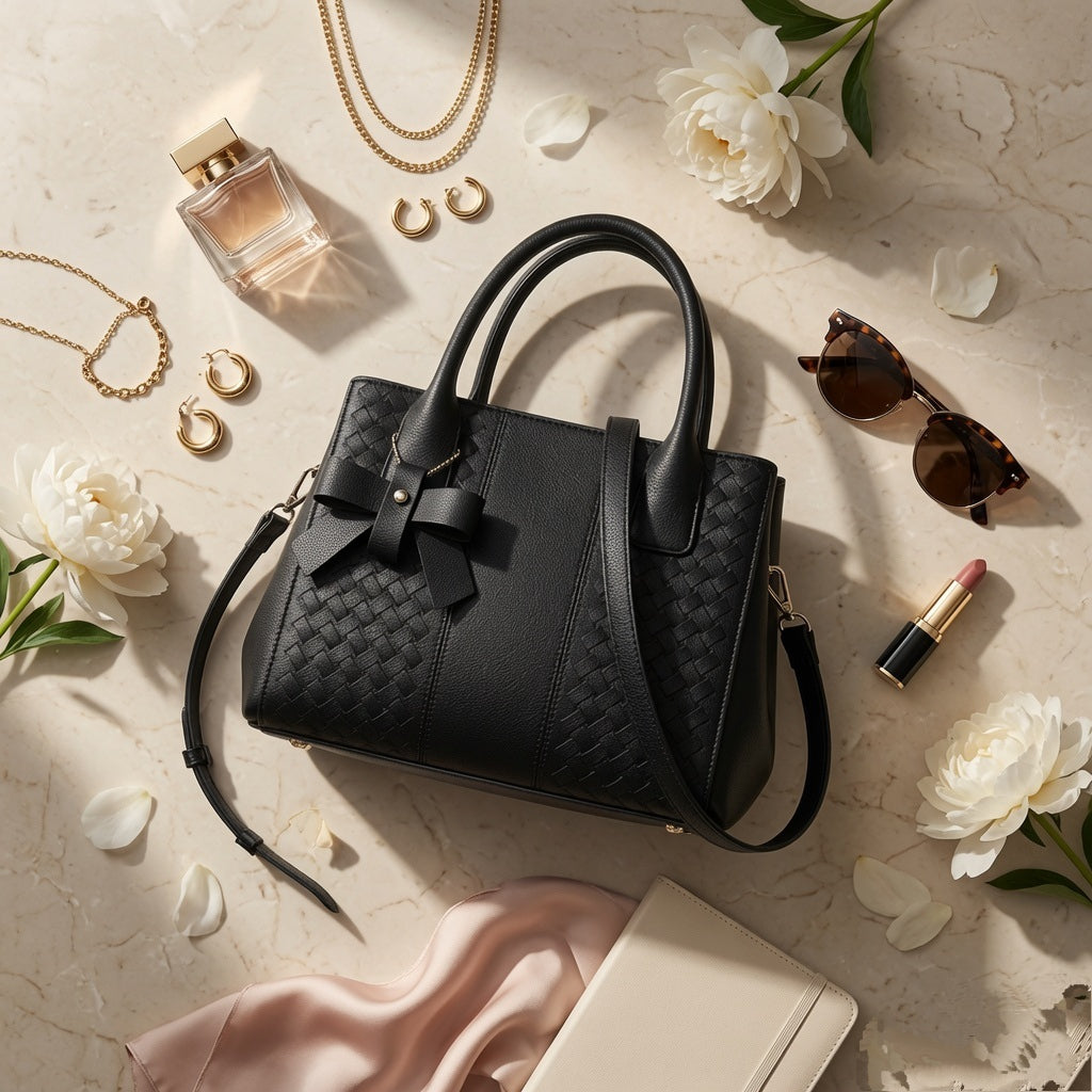 Black Woven Leather Tote Bag - Gold Bow Detail, Structured Shoulder Bag with Detachable Strap | Premium Everyday Luxury Handbag"