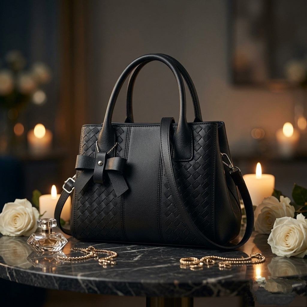 Black Woven Leather Tote Bag - Gold Bow Detail, Structured Shoulder Bag with Detachable Strap | Premium Everyday Luxury Handbag"