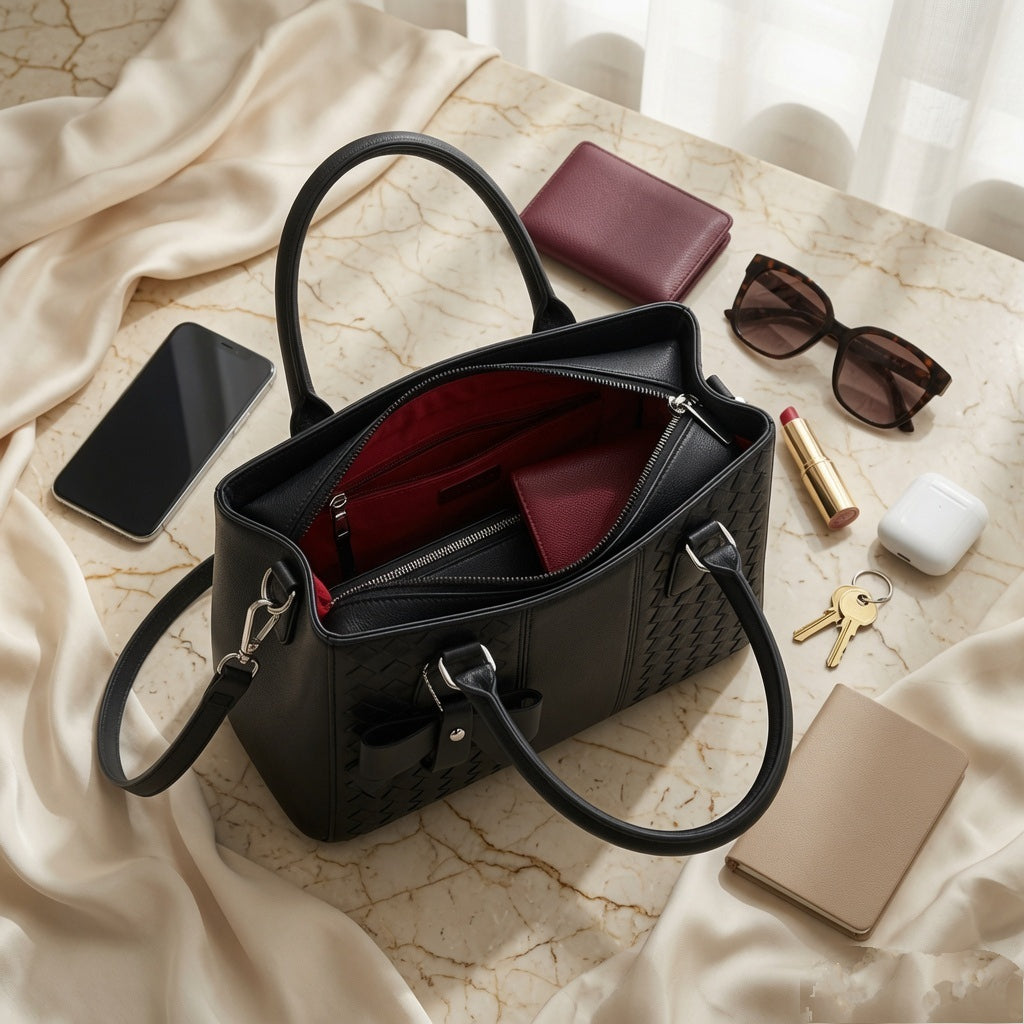 Black Woven Leather Tote Bag - Gold Bow Detail, Structured Shoulder Bag with Detachable Strap | Premium Everyday Luxury Handbag"