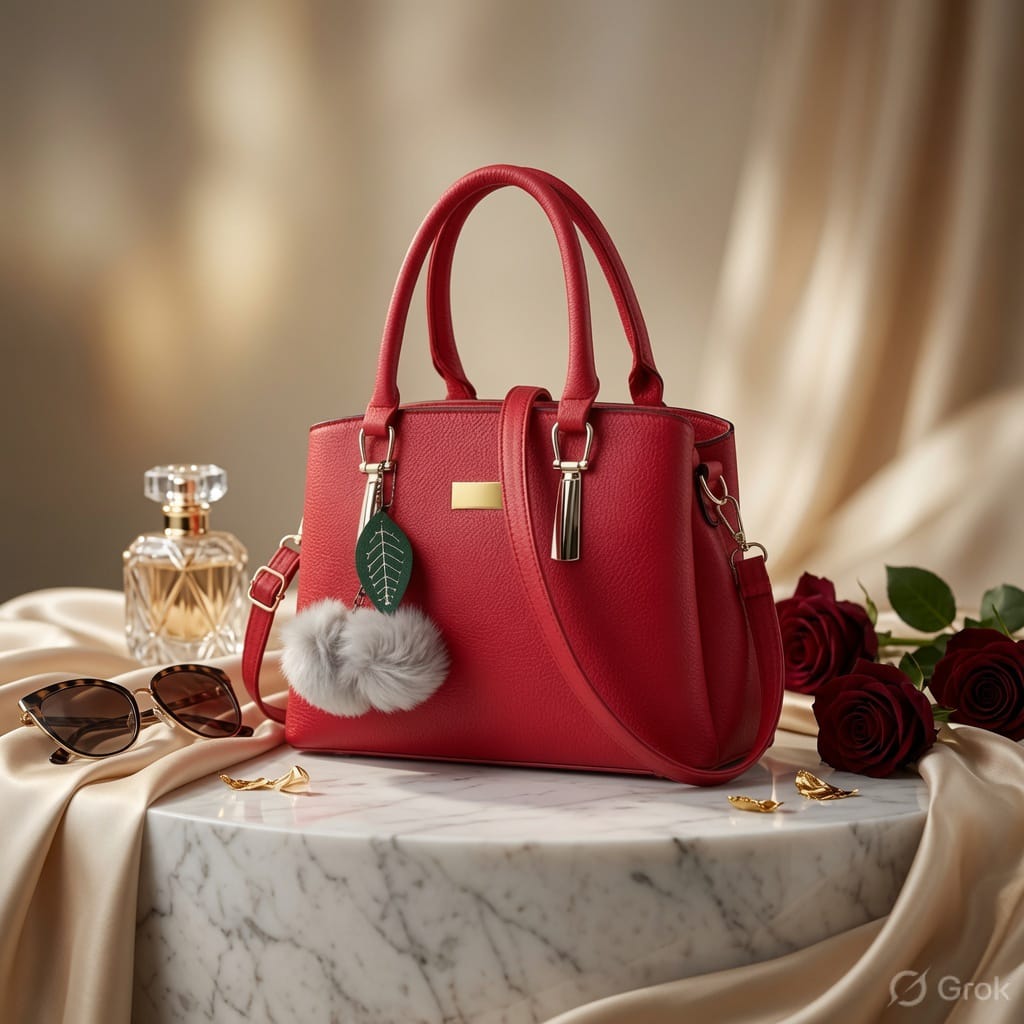 Elegant Red Leather Satchel Handbag with Pom-Pom Charm & Gold Hardware | Verity Bags