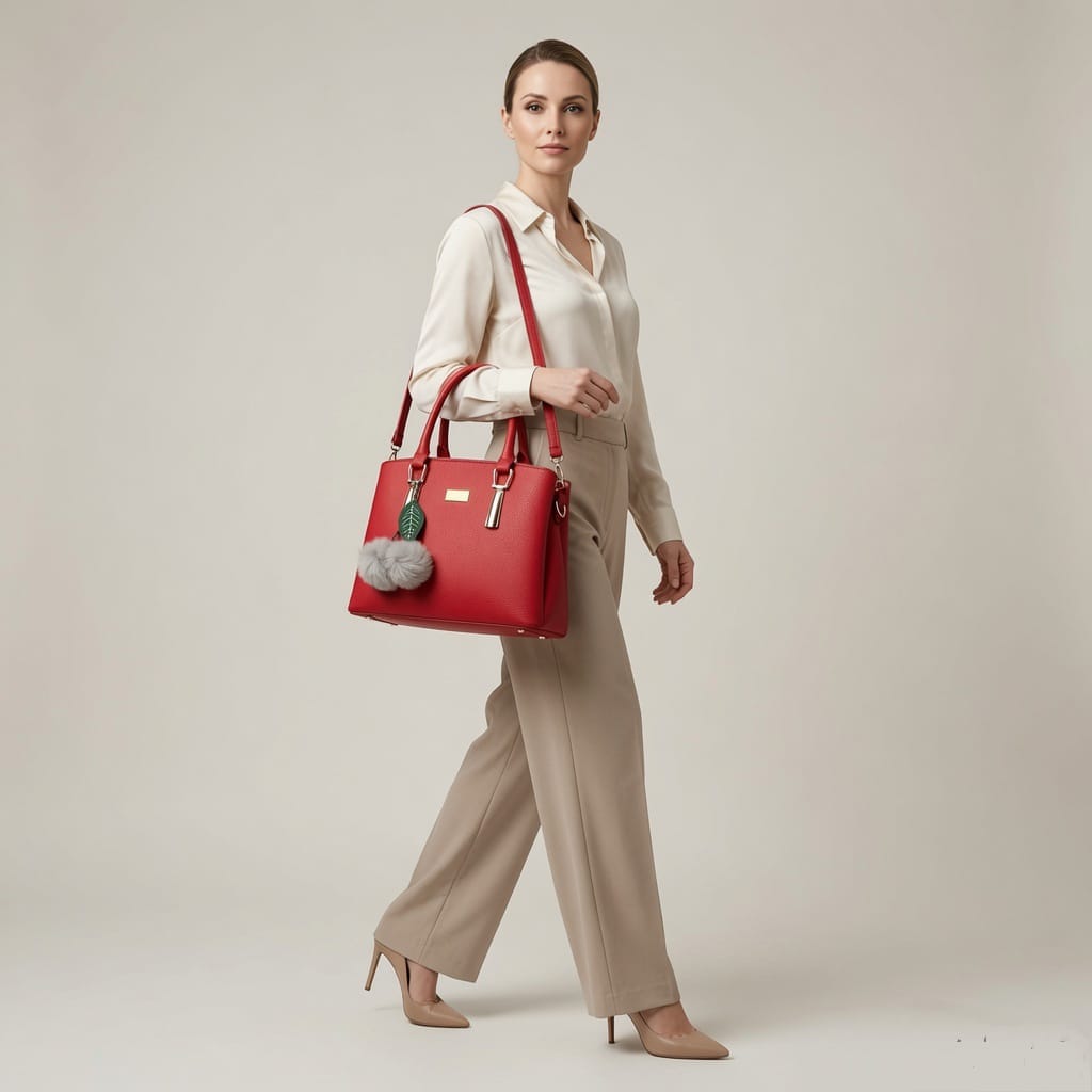 Elegant Red Leather Satchel Handbag with Pom-Pom Charm & Gold Hardware | Verity Bags