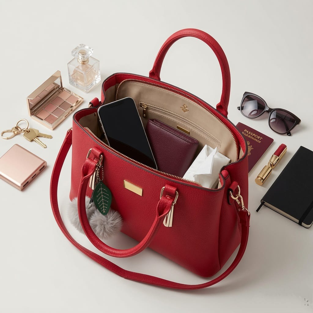 Elegant Red Leather Satchel Handbag with Pom-Pom Charm & Gold Hardware | Verity Bags