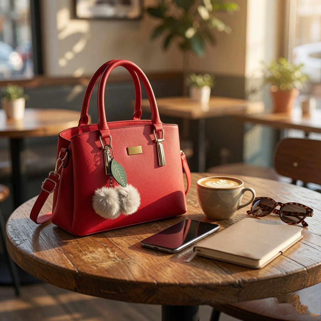Elegant Red Leather Satchel Handbag with Pom-Pom Charm & Gold Hardware | Verity Bags