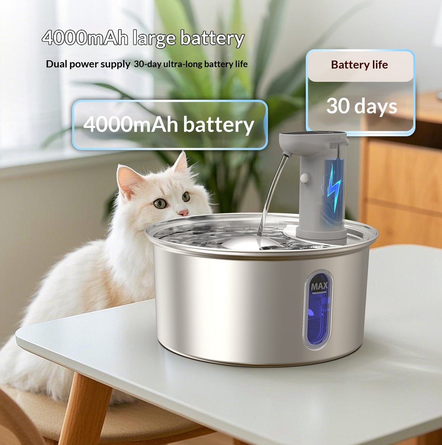 Wireless Stainless Steel Cat Water Fountain -|108 Oz/ 3.2 L| Cordless Automatic Pet Drinking Fountain No Plug|  Automatic Dog Watering Dispenser Bowl