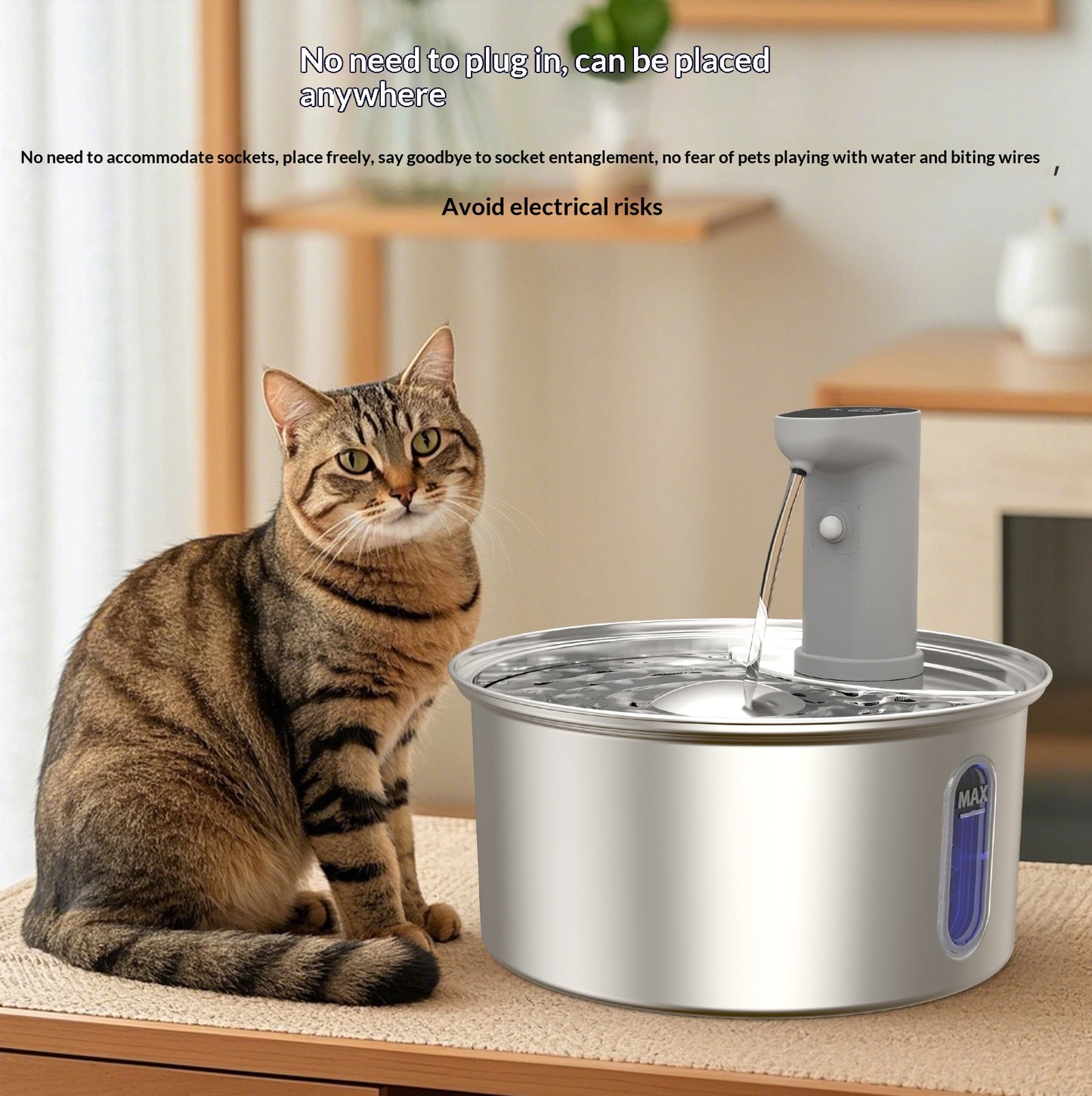 Wireless Stainless Steel Cat Water Fountain -|108 Oz/ 3.2 L| Cordless Automatic Pet Drinking Fountain No Plug|  Automatic Dog Watering Dispenser Bowl